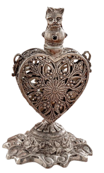 a decorative pewter vial in the shape of a love heart, with a cat as the stopper